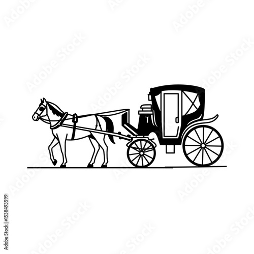 Horse-Carriage silhouette with horse. Vector illustration of brougham in baroque style. Vintage carriage isolated on white background. Good for design, invitation card, logo or decoration
