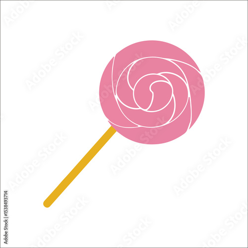 A simple, flat design illustration of a lollipop with a pink swirl pattern on a white background