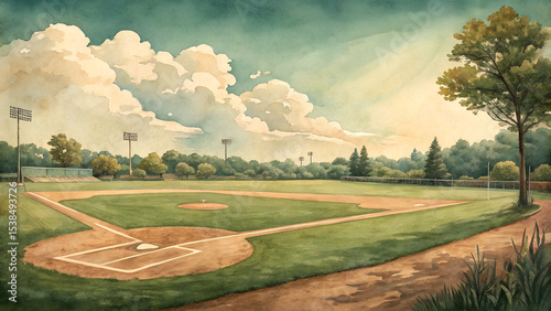 Vintage baseball field illustration in soft watercolor with dreamy green tones and worn bases, nostalgic classic vibe with copy space  