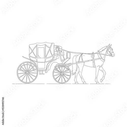 Horse-Carriage silhouette with horse. Vector illustration of brougham in baroque style. Vintage carriage isolated on white background. Good for design, invitation card, logo or decoration