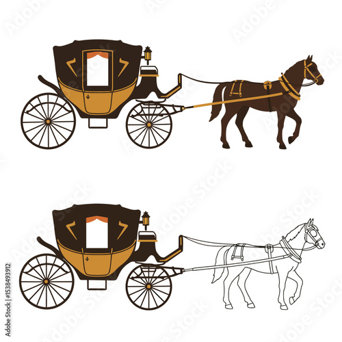 Horse-Carriage silhouette with horse. Vector illustration of brougham in baroque style. Vintage carriage isolated on white background. Good for design, invitation card, logo or decoration