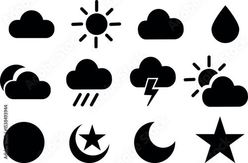 Cloud and Weather Icon Vector Set — Mustache Silhouette Symbols and Vintage Sun Cartoon Illustrations — Black Design Elements and Patterns for Graphic Design Projects