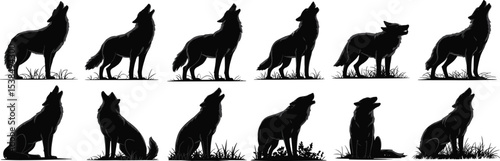 Majestic Howling Wolf Silhouettes in Various Poses, Ideal for Wildlife, Nature, Forest, and Animal-themed Designs
