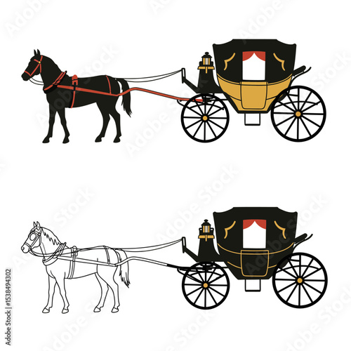 Horse-Carriage silhouette with horse. Vector illustration of brougham in baroque style. Vintage carriage isolated on white background. Good for design, invitation card, logo or decoration