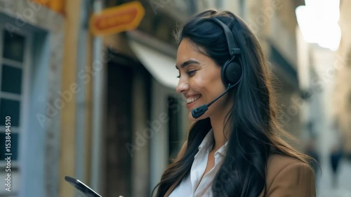 A smiling latin woman in a headset engages with customers through her phone while walking