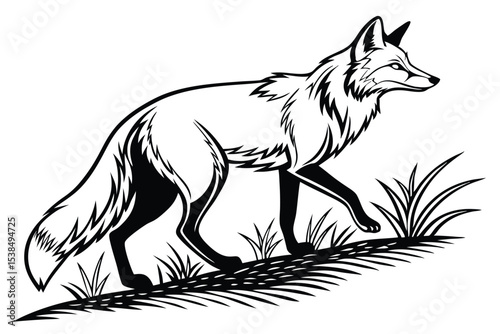 Detailed black and white fox illustration strides confidently over grass patches in a field