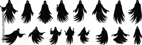 Spooky Ghost and Phantom Silhouettes in Various Poses, Ideal for Halloween, Horror, Supernatural, and Creepy Designs