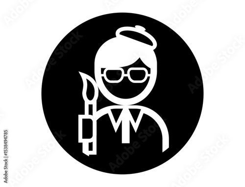 絵筆を持った画家の丸いシンプルなモノクロ白抜きイラストアイコン