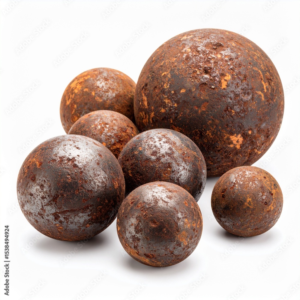 Generated image. Rusty iron balls of different sizes on a white background without shadows Generated image. Rusty iron balls of different sizes on a white background without shadows