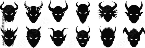 Demonic and Devil Head Silhouettes with Horns and Glowing Eyes, Ideal for Halloween, Fantasy, Horror, and Mythological Designs
