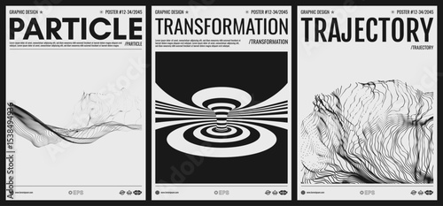 Point explode. Tunnel. Water splash imitation. Array with dynamic emitted particles. Pattern with optical illusion. Black and white cover design template. 3d vector for brochure, poster, flyer, banner