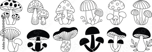 Whimsical Mushroom Vector Icons and Silhouettes Collection, Featuring Various Shapes and Patterns for Nature, Fantasy, and Decorative Designs