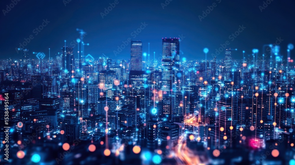 Obraz premium Connected urban future cityscape with digital network and data streams