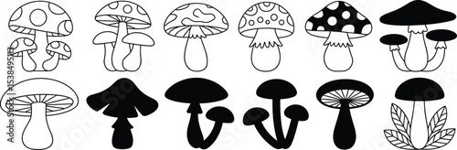 Whimsical Mushroom Vector Icons and Silhouettes Collection, Featuring Various Shapes and Patterns for Nature, Fantasy, and Decorative Designs