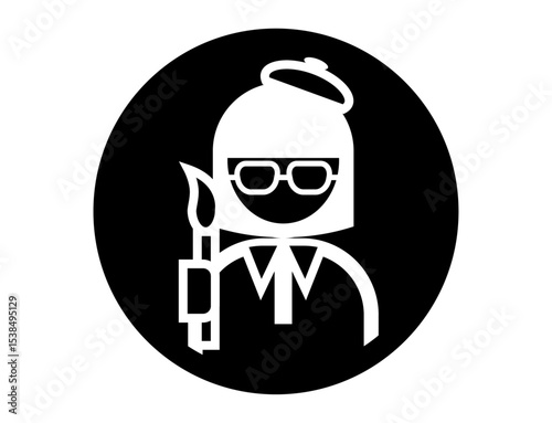 絵筆を持った画家の丸いシンプルなモノクロ白抜きイラストアイコン