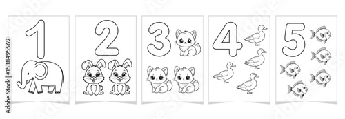 Black and white educational number posters for kids with cute animals. Printable coloring pages for learning numbers 1-5. Perfect for preschool and kindergarten activities. Vector coloring page