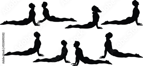 Silhouette Yoga Poses Couple Partner Workout, Black Yoga Figures, Partner Yoga Stretching Exercises, Fitness Duo Silhouettes, Yoga Pose Set for Wellness