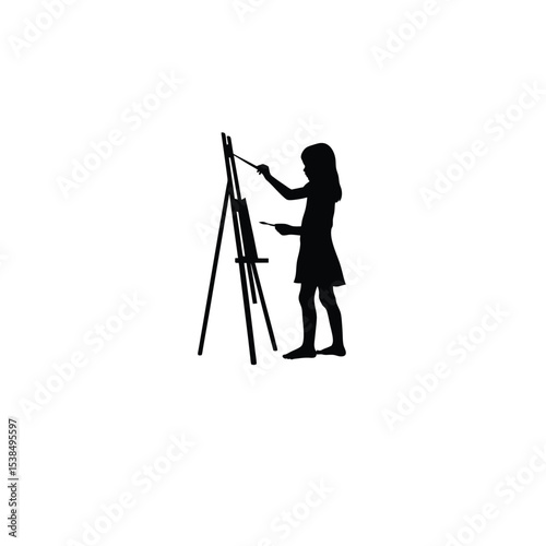 girl painting on easel silhouette on white background