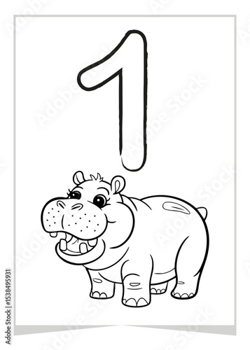 Number 1 coloring page with cute cartoon hippo. Educational printable for toddlers and preschoolers learning to count. Fun animal-themed worksheet for kids. Vector coloring page
