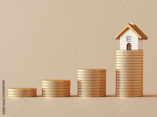 A stack of gold coins and small house, concept of saving and investment