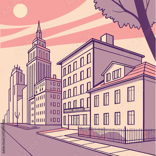 Illustration of a cityscape with tall buildings and a tree under a pastel sky with a visible sun