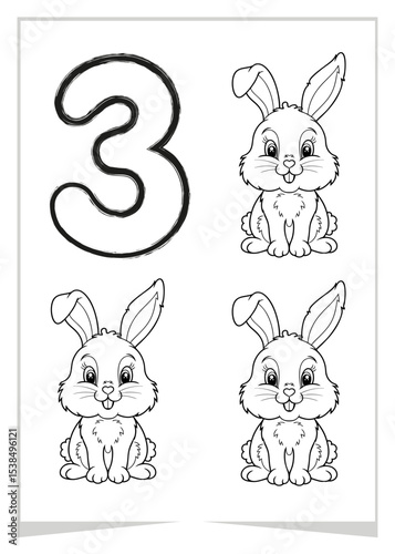 Number 3 coloring page for kids featuring three adorable bunnys. Fun and educational worksheet for learning.	Vector coloring page.
