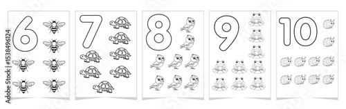 vector illustration of a set of numbers. Black and white educational number posters for kids with cute animals. Printable coloring pages for learning numbers 6-10