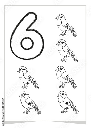 Number 6 coloring page with six outlined birds, perfect for kids' learning and creative activities.
Vector coloring page for childrens.