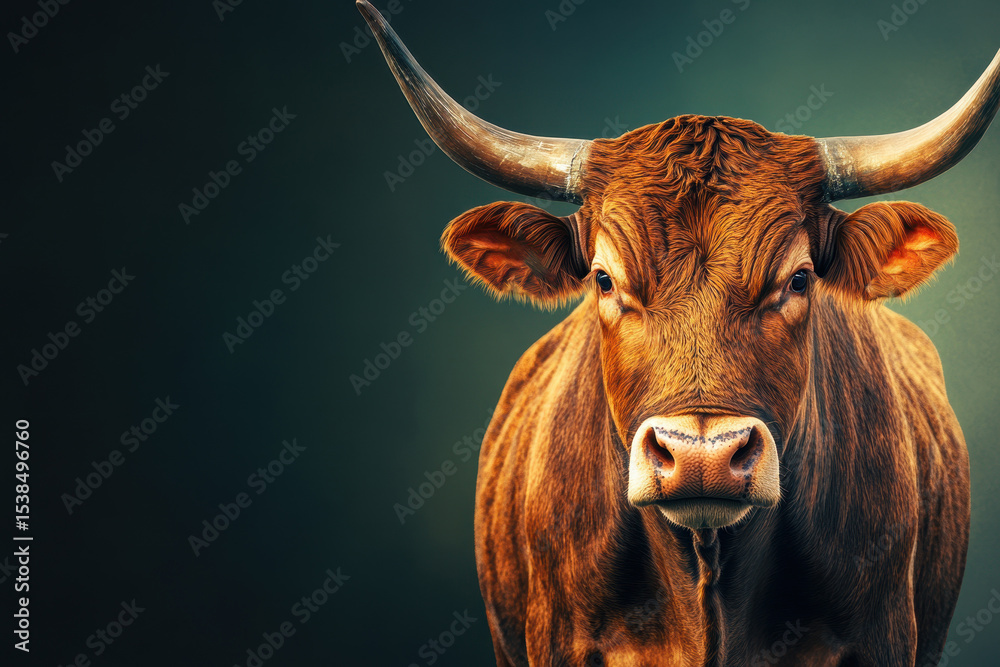 Naklejka premium Powerful bull with sharp horns stands confidently against a dark backdrop, showcasing its strength and dominance in the animal kingdom, highlighting its impressive features and gaze