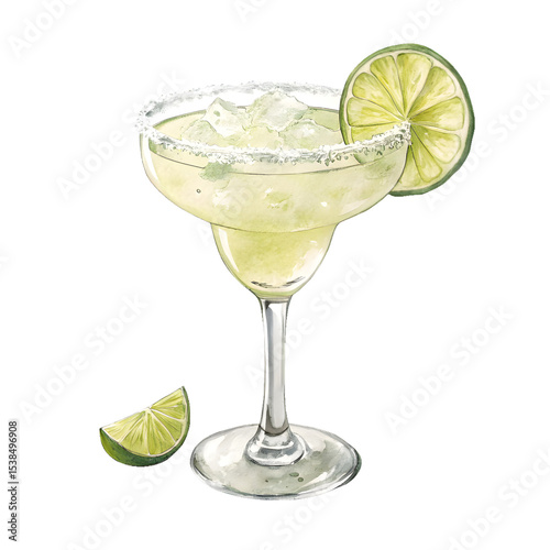 Watercolor margarita cocktail with lime isolated on transparent background