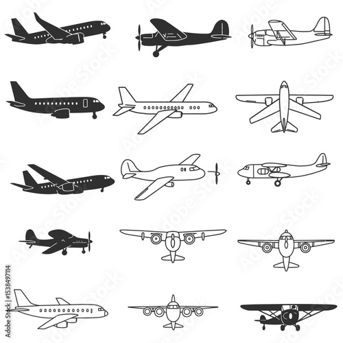 Realistic aircraft. Passenger plane in different views. Vector 3D model of an airplane isolated on white background.