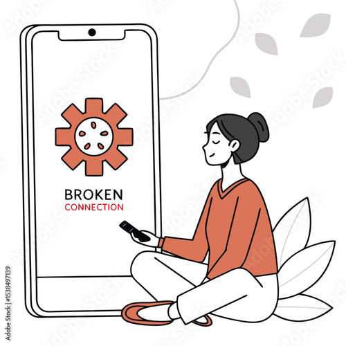 Woman sitting with broken connection on phone screen and holding remote control in her hand illustration