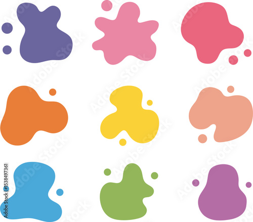 Set of nine colorful abstract paint splatters and spots design elements on white background