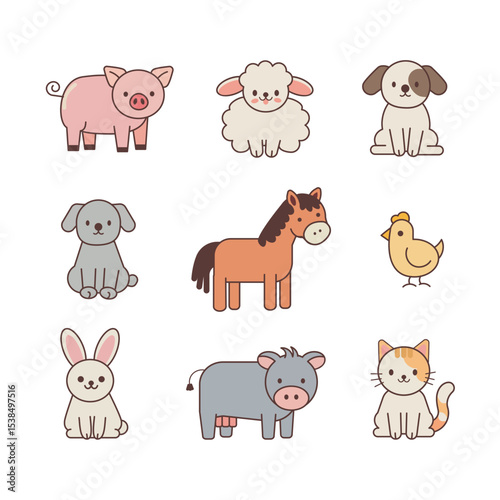 Adorable Farm Animal Character Set.
