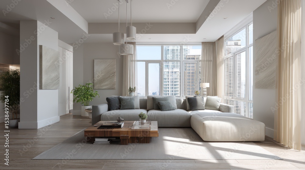 Fototapeta premium A chic living room a contemporary sectional, abstract art the walls, glass accents, natural sunlight pouring through the