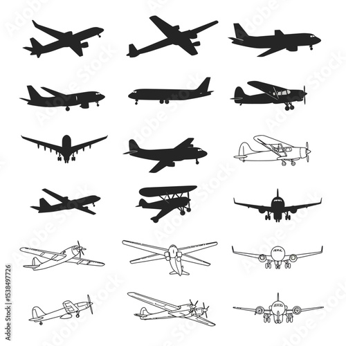 Realistic aircraft. Passenger plane in different views. Vector 3D model of an airplane isolated on white background.