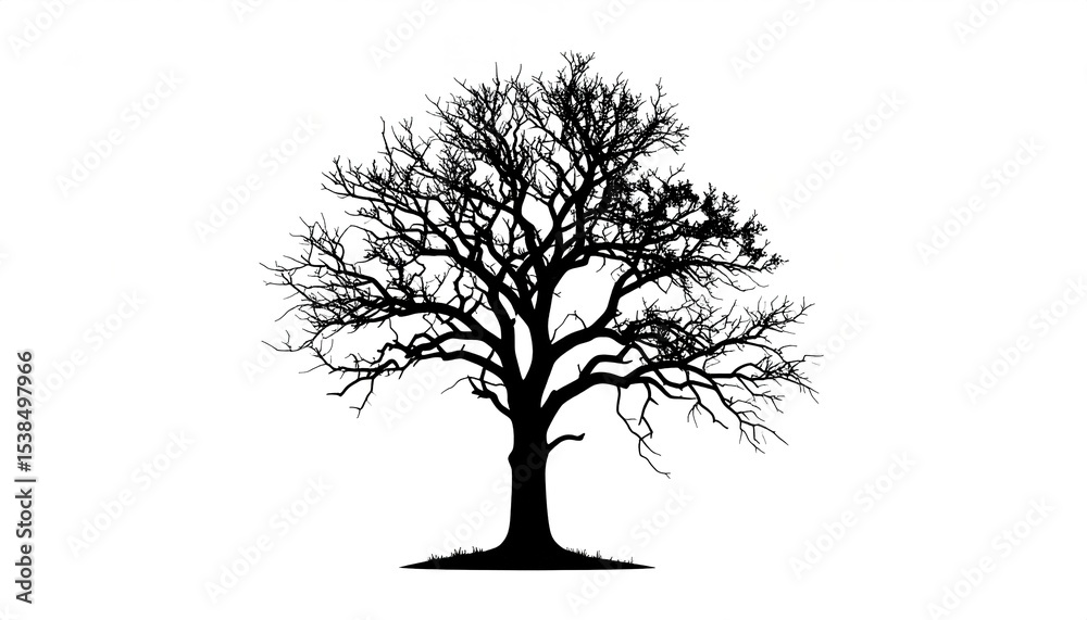 Obraz premium Twisted, lifeless tree in silhouette style, dramatic branch patterns on a white background.