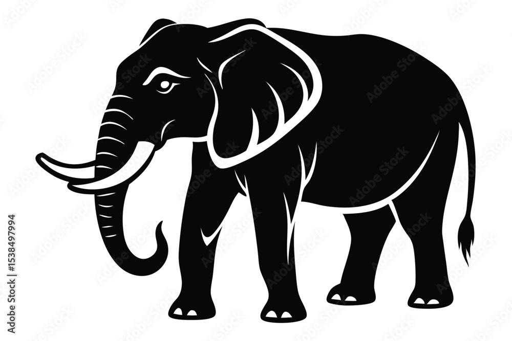Fototapeta premium Black and white illustrates an elephant with tusks standing calmly