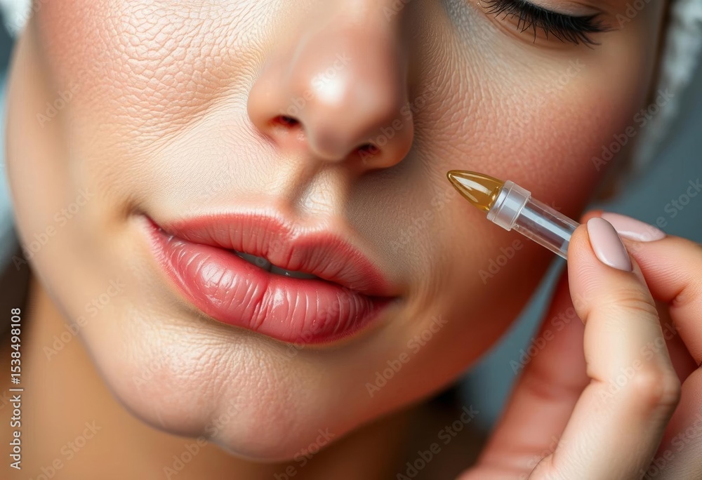 Naklejka premium Close-up of face applying serum to adult skin, rejuvenation, smooth