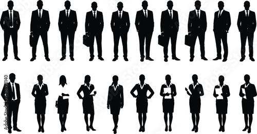 Corporate business silhouettes, male and female professionals, formal attire, office staff, leadership concept, standing posture, team illustration, vector art