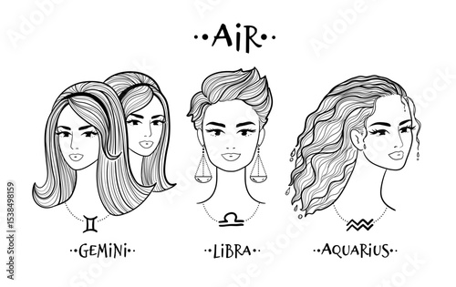 Vector line art portraits of Gemini twins, Libra with scale earrings, and Aquarius with flowing water-wave hair.