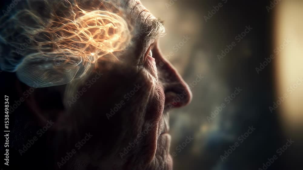 Medical visualization shows hippocampus activity dimming in an elderly man's brain, symbolizing memory loss and cognitive decline associated with alzheimer's disease