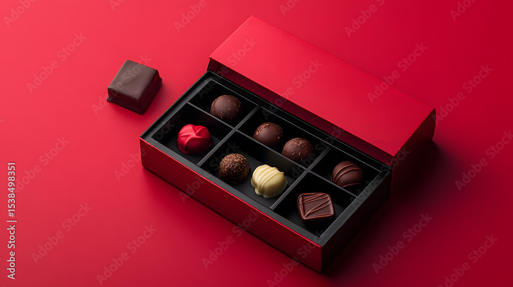Open red chocolate box displays assorted premium chocolates on red background