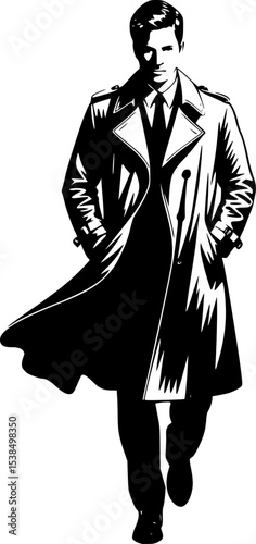 Stylish Man Walking in Trench Coat Vector Illustration – Black Silhouette of Confident Male Figure in Classic Outfit, Vintage Noir Detective Style Clipart