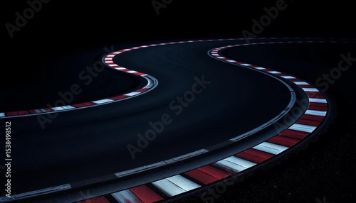Dark asphalt race track, curving sharply on black, background, formula