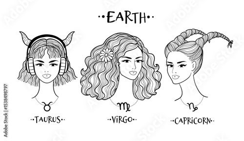 Vector line art of three stylish women symbolizing the earth element. Taurus, Virgo and Capricorn.