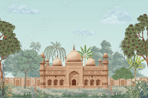 Mughal royal palace landscape illustration with domes, arches, and garden elements for wallpaper print