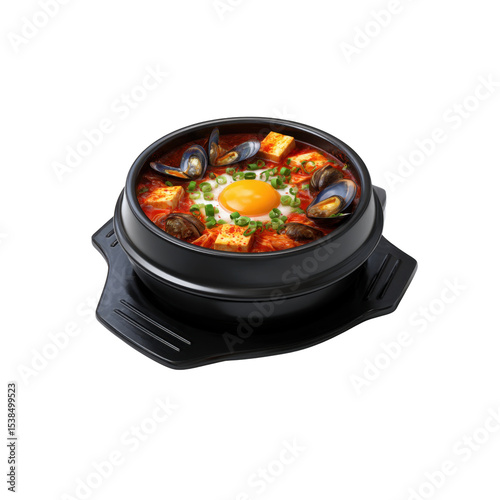 A rendered Korean tofu stew, known as Sundubu-jjigae, is presented in a black earthenware pot, transparent background