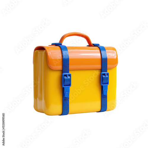 A yellow briefcase with orange top, featuring blue straps and buckle design, transparent background