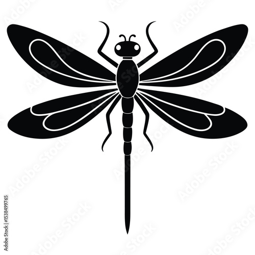 Black dragonfly with symmetrical wing pattern creates a stark on a white background